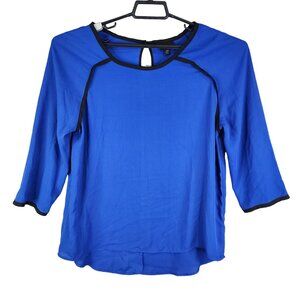 Women's Blue Hassino Blouse Top 3/4 Sleeve With Black Trim Round Neck Size XL